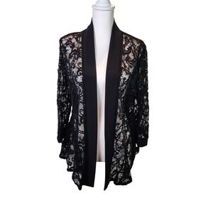 R&M Richards Black Lace Sequin Open Front Jacket Evening Shrug Womens Large USA